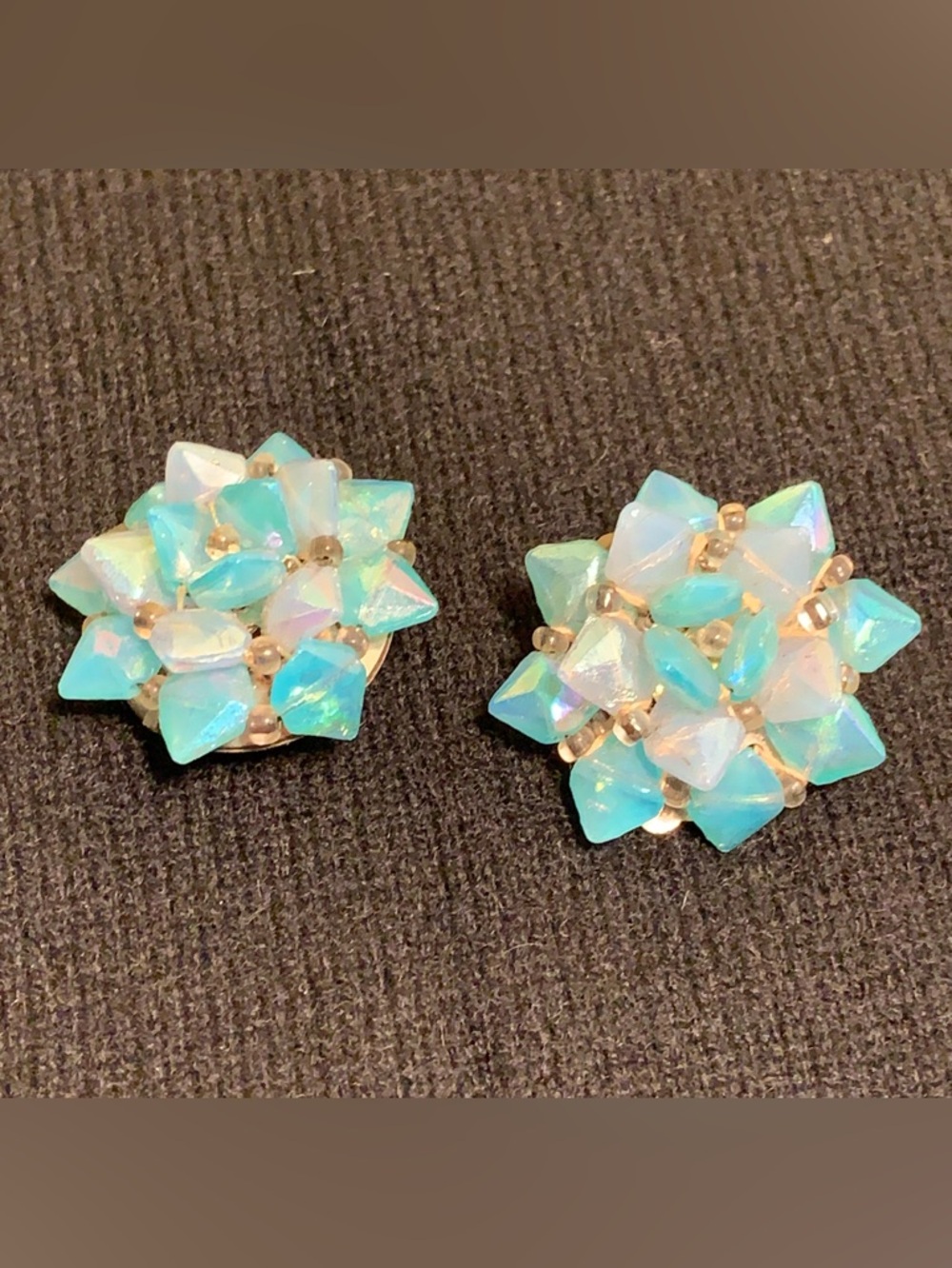 VTG Opalescent Aqua Cluster Clip Earrings Vintage Costume W Germany
